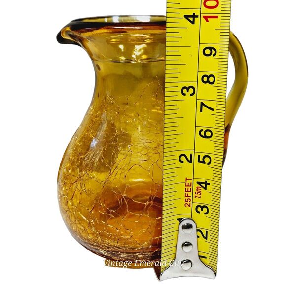 Vtg Handblown Cruet Mini Pitcher 4 In Amber Crackle Art Glass & Wooden Base Set - Picture 9 of 14
